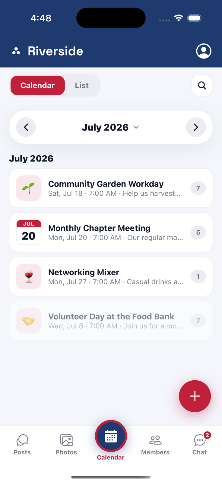 Assembly calendar screen listing upcoming chapter events