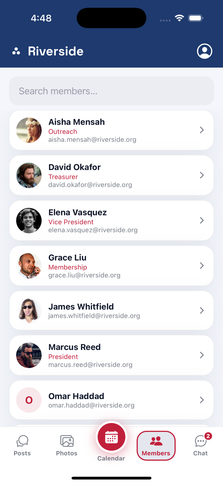 Assembly member directory screen with roles and titles