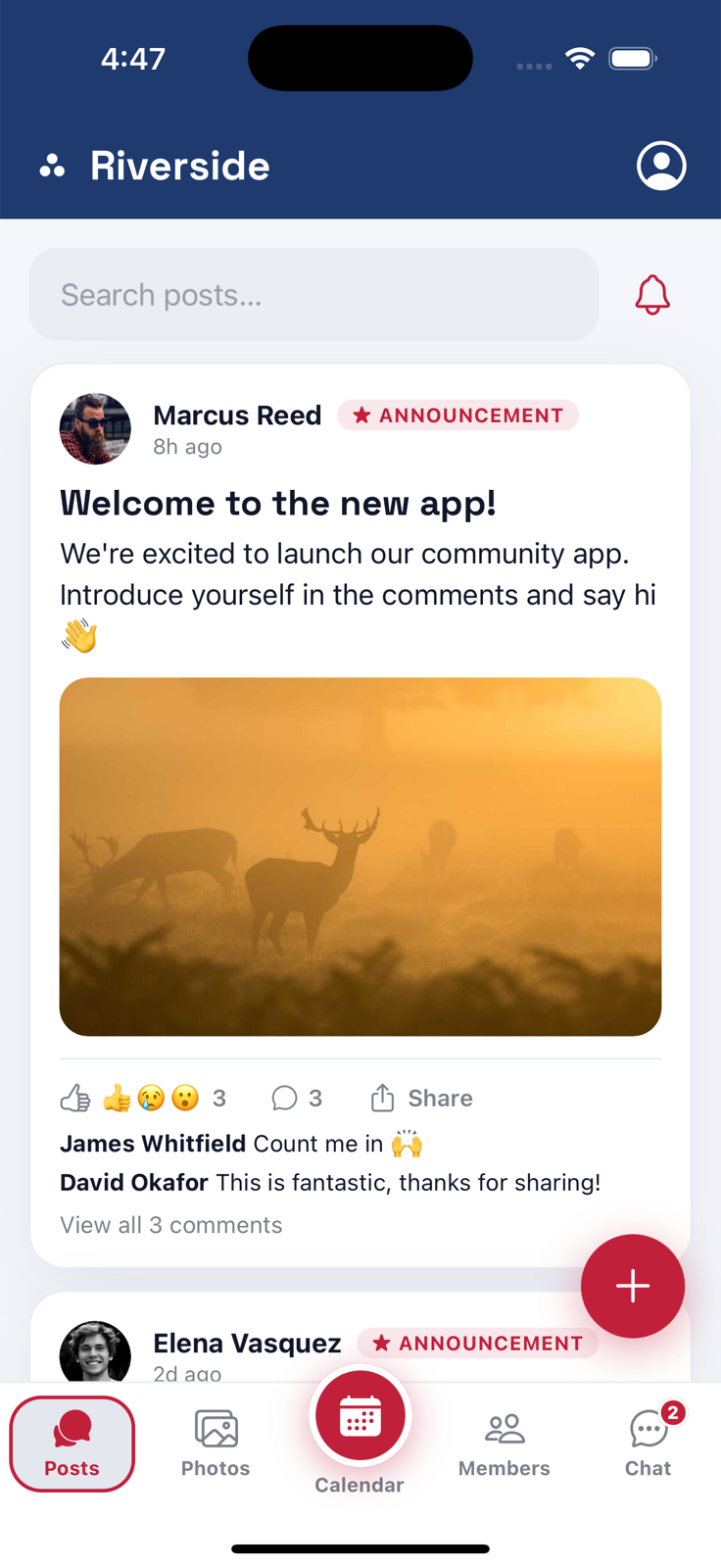 Assembly feed screen with announcements, photos, comments and reactions